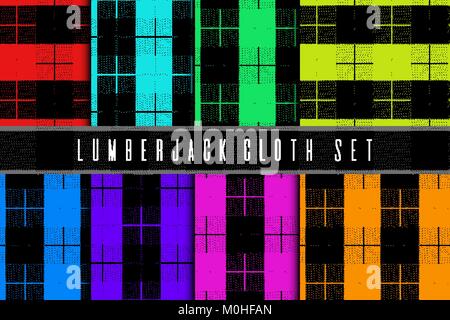 Set of lumberjack cloth. Seamless tartan material pattern. Saturated colorful fabric woodcutter tissue Stock Vector