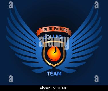 Decorative element for logo design or other with caption Fire of fortune College team, wings, fire, gold shield, ribbon. Stock Vector