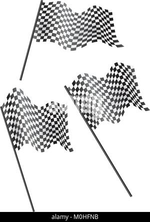 Set of 3 chequered flags flying. Vector illustration. Stock Vector