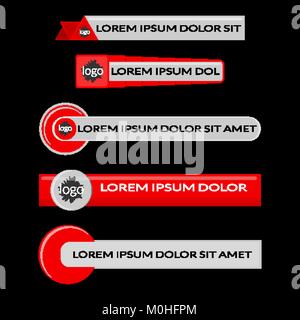 Red lower third banners. Screen bars broadcast. Flat vector illustration isolated on black background Stock Vector