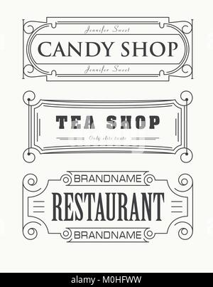 Set of 3 decorative stylish labels of Candy Shop, Tea Shop and Restaurant can by used as shield or logotype Stock Vector