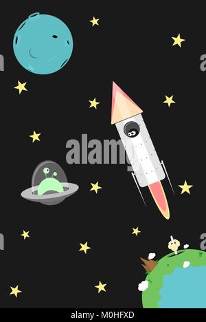 Rocket launched from a planet with astronaut looking at the smiling alien in a flying saucer. UFO approaches to a spacecraft in the outer space. First Stock Vector