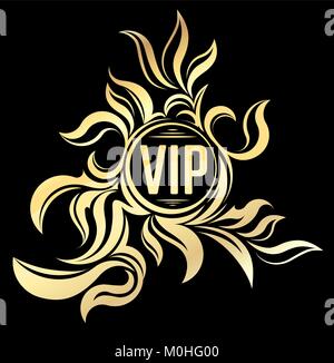 Pretty gold unusual round floral frame with caption VIP on a dark background in gold tones. Stock Vector