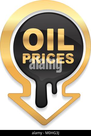 Oil prices golden design with down arrow showing a decline in oil prices Stock Vector