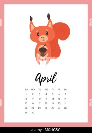 April 2018 year calendar page Stock Vector