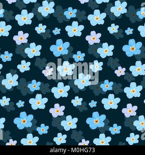 Vector floral seamless pattern. Illustration of little cute colored flowers. Blue and violet florets on the dark background Stock Vector