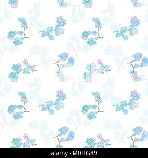 Vector floral seamless pattern. Illustration of little cute colored flowers. Blue, pink and violet florets on the light background Stock Vector