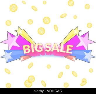 Big sale cartoon banner template design with blast of colorful star rays and falling coin rain isolated on the white background Stock Vector
