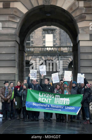 Members of Scotland's tenants' union Living Rent organised a protest outside the Edinburgh City Council Chamber to highlight concerns about the scarcity of housing which they claim is linked to Airbnb, and call upon the council to enforce tough restrictions on holiday lets. Stock Photo