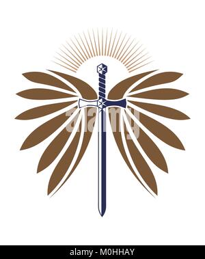 Military design with sword, wings, sunburst for logo design or tattoo. Stock Vector