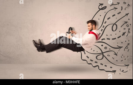 Funny man driving a flying vehicle with hand drawn lines after him concept Stock Photo