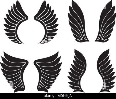 Set of four pairs of black wings. Vector illustration. Stock Vector