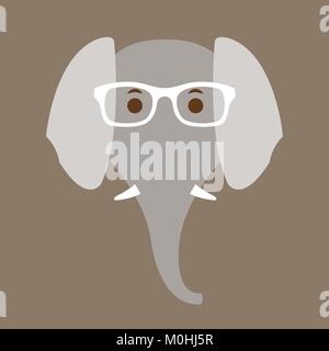 elephant head face in glasses vector illustration flat style front Stock Vector