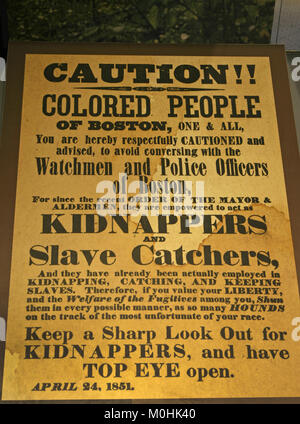 Anti-slavery and kidnapping precautionary statement notice for Boston, April 24, 1851, Immigration Museum, Ellis Island, Upper New York Bay, New York  Stock Photo
