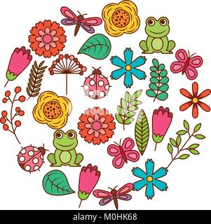set of spring theme nature flowers love birds butterflies ladybugs frog dragonfly