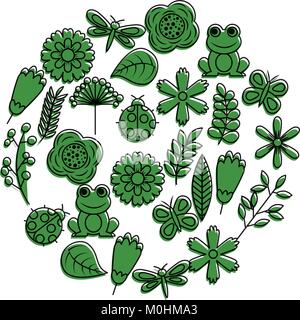 set of spring theme nature flowers love birds butterflies ladybugs frog dragonfly