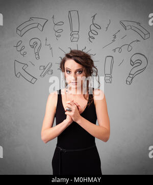 Cute young girl with question sign doodles on gradient background Stock Photo