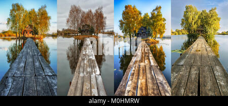 house on a small island. four seasons. a picturesque hut in all seasons Stock Photo