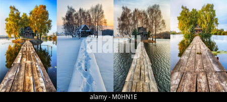 house on a small island. four seasons. a picturesque hut in all seasons Stock Photo