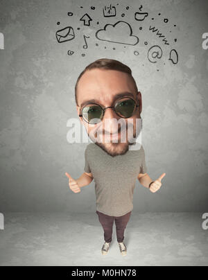 Funny guy with big head and drawn social media marks over it Stock Photo