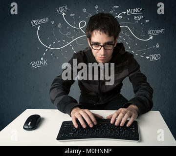 Young dangerous hacker with white drawn line thoughts Stock Photo