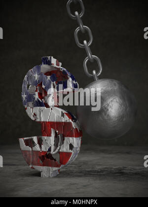 3D rendering of American dollar symbol being hit and destroyed by large metal wrecking ball Stock Photo