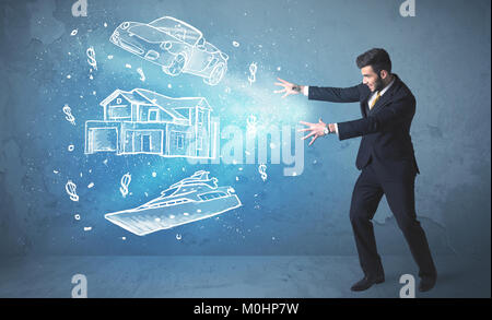 Rich person throwing hand drawn car yacht and house concept Stock Photo