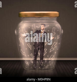 Businessman inside a glass jar with lightning drawings concept on background Stock Photo