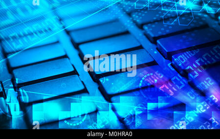 Computer keyboard with glowing codes, programming concept Stock Photo