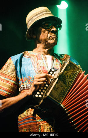 Cape Verde-musician and accordionist Victor Tavares is better known as Bitori and for the forbidden dance music from the island Funana, Cape Verde. Here Victor “Bitori” Tavares is seen live on stage at a live concert at Global in Copenhagen. Denmark, 14/10 2016. Stock Photo