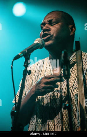 Cape Verde-musician and accordionist Victor Tavares is better known as Bitori and for the forbidden dance music from the island Funana, Cape Verde. Here vocalist Chando Graciosa is seen live on stage at a live concert at Global in Copenhagen. Denmark, 14/10 2016. Stock Photo