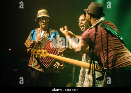 Cape Verde-musician and accordionist Victor Tavares is better known as Bitori and for the forbidden dance music from the island Funana, Cape Verde. Here Victor “Bitori” Tavares (L) is seen live on stage with singer Chando Graciosa and bass player Danilo Tavares at a live concert at Global in Copenhagen. Denmark, 14/10 2016. Stock Photo