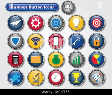 Vector Illustration Ready-To-Use 21 Colorful Business Button Icons Designed as Multiple Objects Involved In Work, Startup, Finance, Data Security. Stock Vector