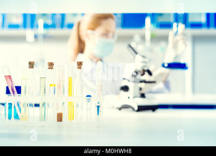 Close up test tubes with colorful chemical liquids Stock Photo