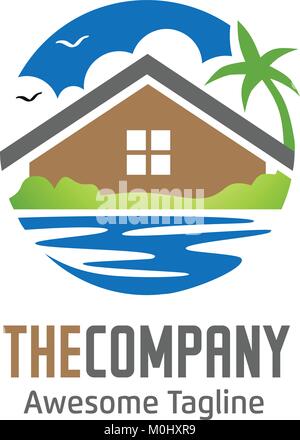modern circle icon green house, villa and lake logo Stock Vector