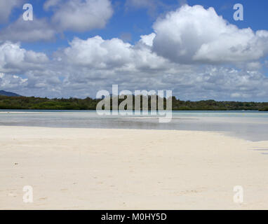 Beach on Ile Aux Cerfs on a semi-cloudy day, privately owned island near the east coast of The Republic of Mauritius in the Flacq District. Stock Photo