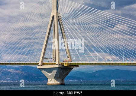 View of suspension bridge Rio-Antirio in Greece. Bridge crossing Corinth Gulf strait, Peloponnese, Greece Stock Photo