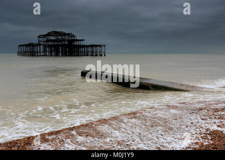 Dramatic skies over the ruined West pier, Brighton & Hove, East Sussex, England, UK Stock Photo