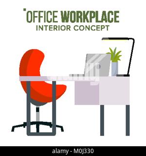 Office Workplace Concept Vector. Furniture Workplace For Boss. Developer Creative Studio Interior. Laptop Computer. Office Desk Illustration. Stock Vector