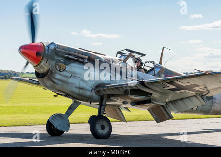Close up of Hispano Buchon registration G-AWHK taxing on September 22nd 2017 at Duxford, Cambridgeshire, UK Stock Photo
