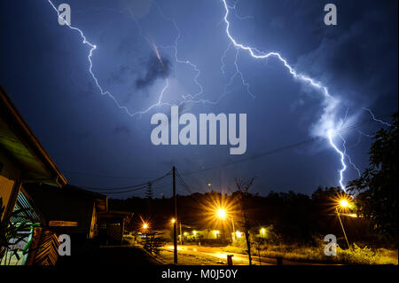 Lightning strike during thunderstorm in Sorowako, South Sulawesi Indonesia. Stock Photo