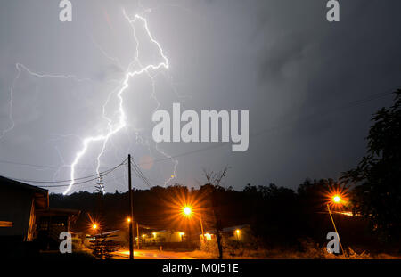 Lightning strike during thunderstorm in Sorowako, South Sulawesi Indonesia. Stock Photo