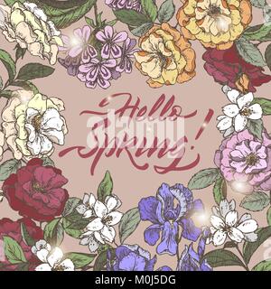 Color romantic vintage greeting card template with Hello Spring brush calligraphy and flowers hand drawn sketch. Stock Vector