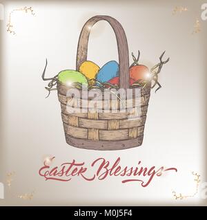 Color Easter greeting card with eggs in wicker basket. Based on hand drawn sketch and brush calligraphy. Stock Vector
