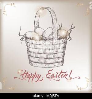Easter greeting card with eggs in wicker basket. Based on hand drawn sketch and brush calligraphy. Stock Vector