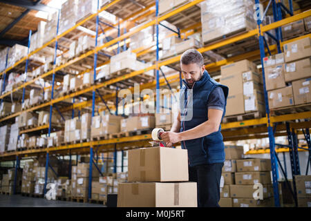 Male warehouse worker sealing cardboard boxes. Stock Photo