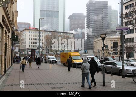 FRANKFURT, GERMANY - DECEMBER 6, 2016: People walk in snowless winter Frankfurt, Germany. Frankfurt is the 5th-largest city in Germany, with populatio Stock Photo