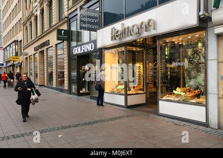 FRANKFURT, GERMANY - DECEMBER 6, 2016: People shop in downtown Frankfurt, Germany. Frankfurt is the 5th-largest city in Germany, with population of 73 Stock Photo