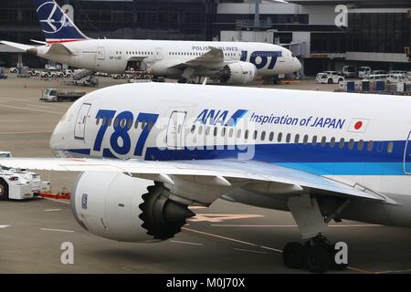 TOKYO, JAPAN - NOVEMBER 21, 2016: Boeing 787 Dreamliners at Narita Airport of Tokyo. The aircraft are operated by Air Nippon Airways (ANA) and LOT Pol Stock Photo