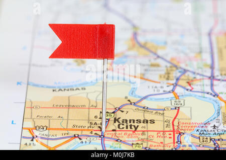 Kansas City, Missouri. Red flag pin on an old map showing travel destination. Stock Photo